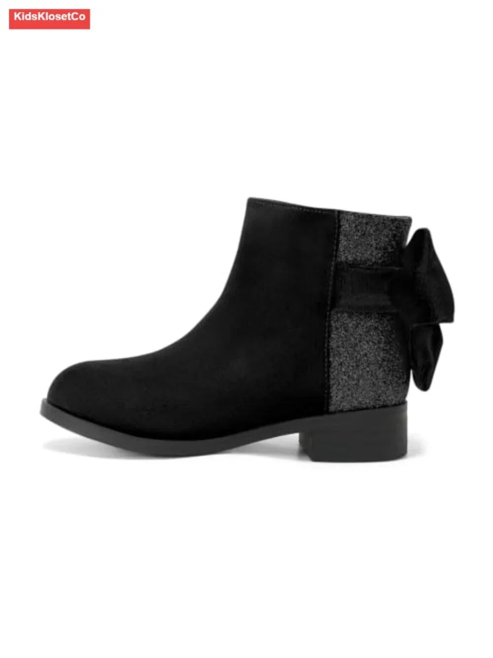Girls Glitter Bow Ankle Boots Faux Suede Low Chunky Heel Zip Dress Booties